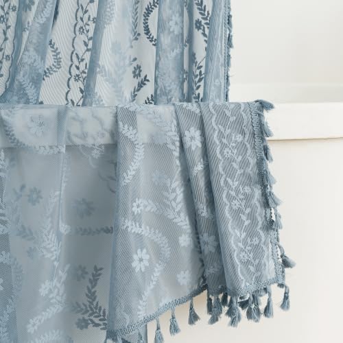WAZZIO Slate Blue Lace Shower Curtain for Bathroom 72" W x 72" L, Victorian Farmhouse Floral Pattern Tassel Fancy Shower Curtain Boho Washable Cloth Decorative Bath Curtains,1 Panel
