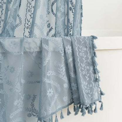 WAZZIO Slate Blue Lace Shower Curtain for Bathroom 72" W x 72" L, Victorian Farmhouse Floral Pattern Tassel Fancy Shower Curtain Boho Washable Cloth Decorative Bath Curtains,1 Panel