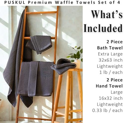 PÜSKÜL Natural 100% Turkish Cotton Waffle Towels Set of 4-Piece, Anthracite