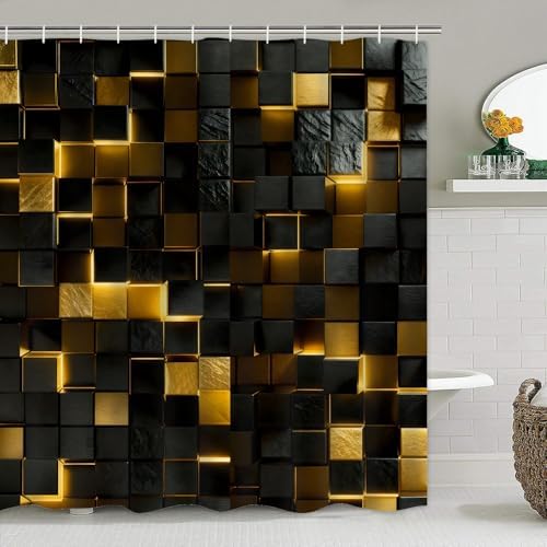 LQCOOL 4 Pcs Black Gold Shower Curtain Set with Rugs, 3D Cube Modern Bathroom Set, Black Gold Polyester Shower Curtains for Bathroom with 12 Hooks, Toilet Lid Cover & U-Shaped Mat