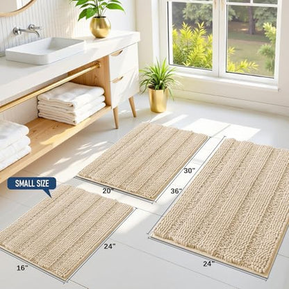 Grandaily Chenille Striped Bathroom Rugs 70x24, Extra Thick and Soft Absorbent Bath Mats, Rubber Backing, Plush Shaggy Shower Carpet, Machine Wash Dry, Bath Rug for Bathroom, Light Beige