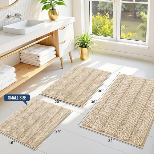 Grandaily Chenille Striped Bathroom Rugs 59x24, Extra Thick and Soft Absorbent Bath Mats, Rubber Backing, Plush Shaggy Shower Carpet, Machine Wash Dry, Bath Rug for Bathroom, Light Beige