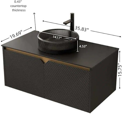 36 Inch Bathroom Vanity with Sink, Floating Fluted Vanity with Vessel Sink, Modern Bathroom Vanity Cabinet with 2 Doors with Metal Trim, Round Glass Sink & Sintered Stone Top, Black
