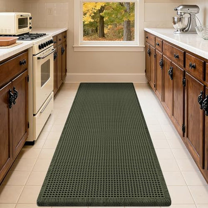 IM HOME Extra Large Waffle Bath Mat Dark Green 6'x2'(72" x 24"), Boho Woven Modern Bath Mat Rugs, Absorbent Non Slip Bathroom Rugs, Soft Washable Bath Rugs with Tassels for Bathroom