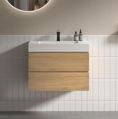 30" Floating Bathroom Vanity with Sink, Modern Bathroom Cabinet with Top and Soft Close Drawers, Spacious Storage for Small Space, Natural Oak - Lavanda Collection