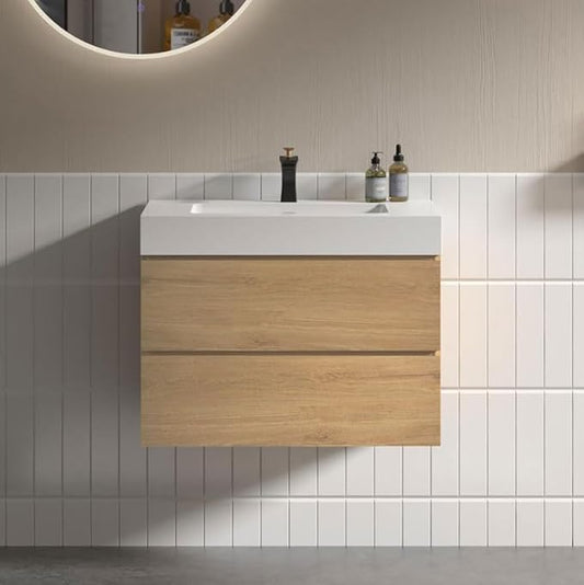 30" Floating Bathroom Vanity with Sink, Modern Bathroom Cabinet with Top and Soft Close Drawers, Spacious Storage for Small Space, Natural Oak - Lavanda Collection