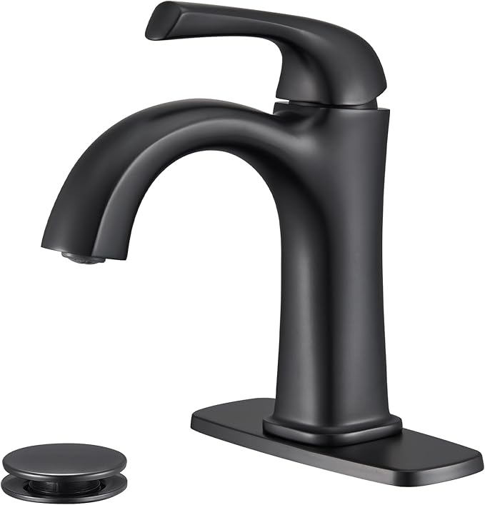 Matte Black Single Hole Bathroom Faucet, Single Handle Brass Bathroom Sink Faucet, Lavatory Vanity Faucet for 1 or 3 Holes, Bathroom Faucets with Pop Up Drain and Supply Lines, Deck Plate
