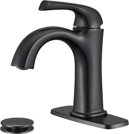 Matte Black Single Hole Bathroom Faucet, Single Handle Brass Bathroom Sink Faucet, Lavatory Vanity Faucet for 1 or 3 Holes, Bathroom Faucets with Pop Up Drain and Supply Lines, Deck Plate