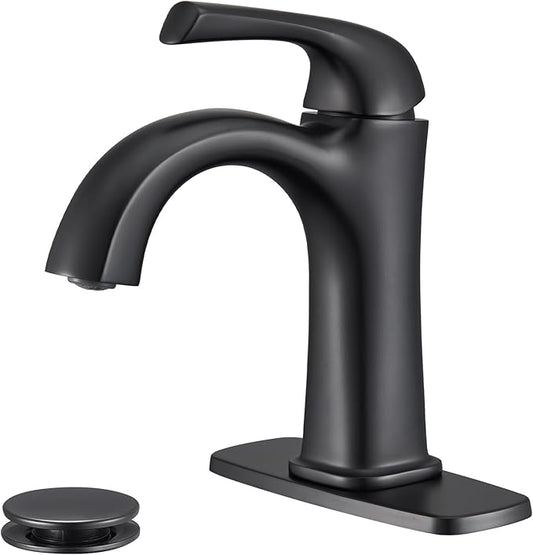 Matte Black Single Hole Bathroom Faucet, Single Handle Brass Bathroom Sink Faucet, Lavatory Vanity Faucet for 1 or 3 Holes, Bathroom Faucets with Pop Up Drain and Supply Lines, Deck Plate
