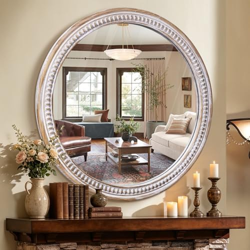 36 Inch Round Mirror for Wall, Rustic Wooden Circle Mirrors for Bathroom