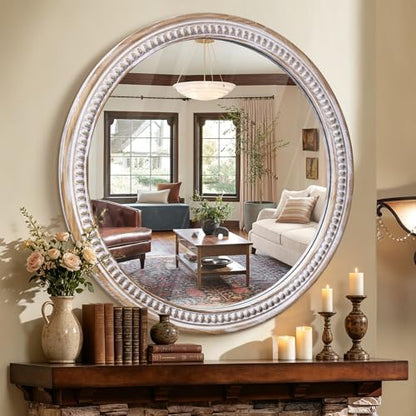 36 Inch Round Mirror for Wall, Rustic Wooden Circle Mirrors for Bathroom