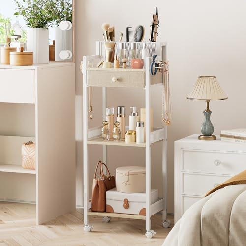 3 Tier Bathroom Organizer Shelf with Drawer, Rolling Makeup Cart