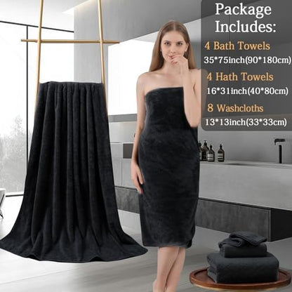 8-Piece Black Bath Towels Set,2 Oversized Large Bath Towels Sheet,2 Hand Towels and 4 Washcloths - 600 GSM Soft Luxury Towel Set,Highly Absorbent Quick Dry Towel Collection for Bathroom,Hotel and Spa