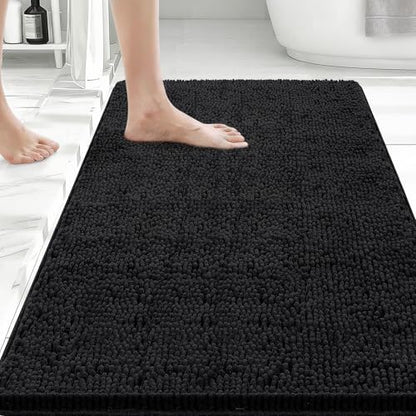 Bcoimo Bath Rug Mat,36x24 Chenille Non Slip Black Bathroom Floor Shower Mat