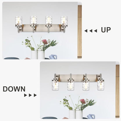 Bathroom Vanity Lighting Fixtures 4 Lights,Brushed Nickel Bathroom Vanity Lights with Clear Hammered Shade Wall Sconce Lighting Modern Farmhouse Bath Lighting
