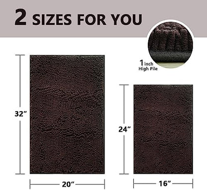 Bathroom Rugs Sets 2 Piece, Extra Soft Chenille Bath Mat Ultra Absorbent Bathroom Rug, Bathroom Mat with Sturdy PVC Non-Slip Bottom, Machine Washable Bath Rugs (20x32 Inch + 16x24 Inch, Coffee)