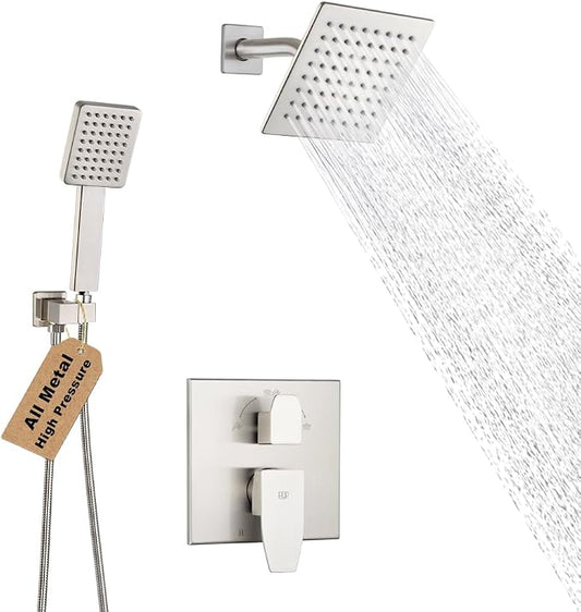 Shower Faucet Set Brushed Nickel 6 Inch Thickened Shower Head and Handle Set Shower System Wall Mounted Shower Fixture Include Shower Valve and Trim Kit