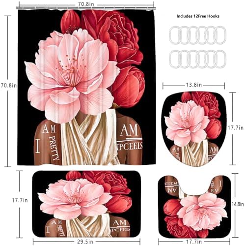 4 Pcs Black Girl Shower Curtain Sets African American Woman Red Rose Floral Quotes Non-Slip Rugs Bath Mat Toilet Cover U Shaped Mat Shower Curtain with 12 Hooks Bathroom Set