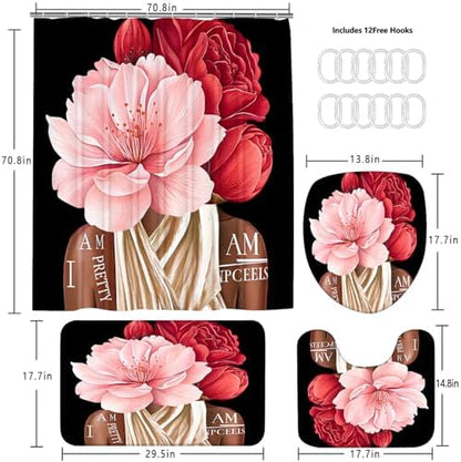 4 Pcs Black Girl Shower Curtain Sets African American Woman Red Rose Floral Quotes Non-Slip Rugs Bath Mat Toilet Cover U Shaped Mat Shower Curtain with 12 Hooks Bathroom Set