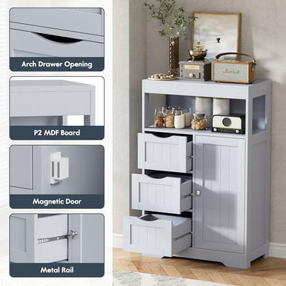 JUMMICO Bathroom Floor Cabinet, Wooden Free-Standing Storage Organizer with 1 Door and 3 Drawers, Bathroom Storage Cabinet for Living Room/Kitchen/Hallway/Home Office (Grey, 3 Drawers)