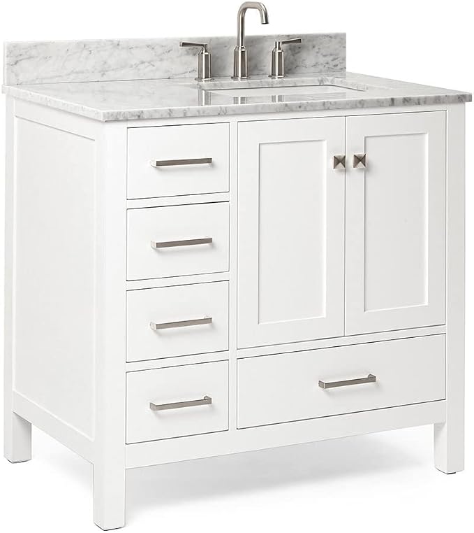 ARIEL Cambridge 36-inch Bathroom Vanity with Sink,Solid Wood, 0.75-inch Italian Carrara Marble Countertop, Single Rectangular Porcelain Sink, 2 Soft Closing Doors, 5 Dovetail Drawers, White