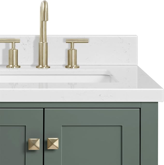 ARIEL Cambridge 36-inch Bathroom Vanity with Sink,Solid Wood, 1.5-inch Carrara White Quartz Countertop, Single Rectangular Porcelain Sink, 2 Soft Closing Doors, 5 Dovetail Drawers, Vintage Green