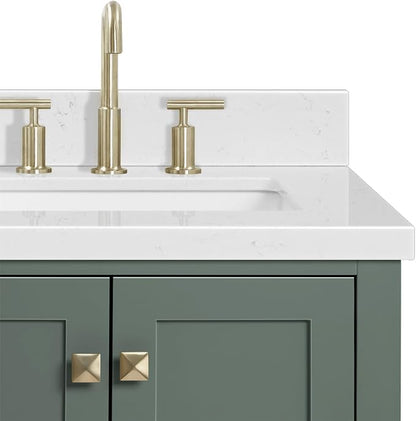 ARIEL Cambridge 36-inch Bathroom Vanity with Sink,Solid Wood, 1.5-inch Carrara White Quartz Countertop, Single Rectangular Porcelain Sink, 2 Soft Closing Doors, 5 Dovetail Drawers, Vintage Green