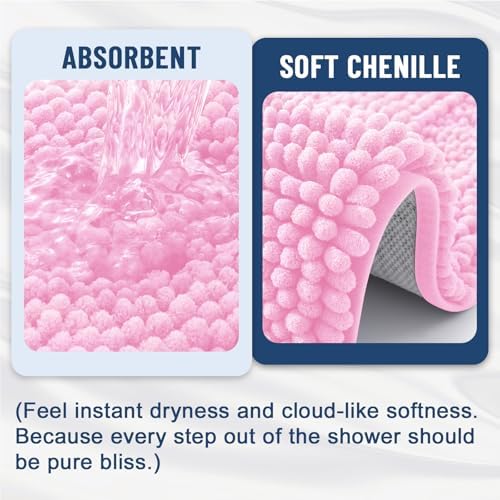 Grandaily Chenille Striped Bathroom Rugs 24x16, Extra Thick and Soft Absorbent Bath Mats, Rubber Backing, Plush Shaggy Shower Carpet, Machine Wash Dry, Bath Rug for Bathroom, Light Pink