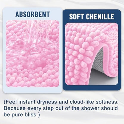 Grandaily Chenille Striped Bathroom Rugs 24x16, Extra Thick and Soft Absorbent Bath Mats, Rubber Backing, Plush Shaggy Shower Carpet, Machine Wash Dry, Bath Rug for Bathroom, Light Pink