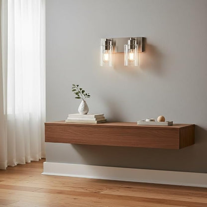 Bathroom Light Fixtures, 2-Light Brushed Nickel Bathroom Vanity Light, Modern Wall Sconces with Clear Glass Shade for Hallway Kitchen Foyer