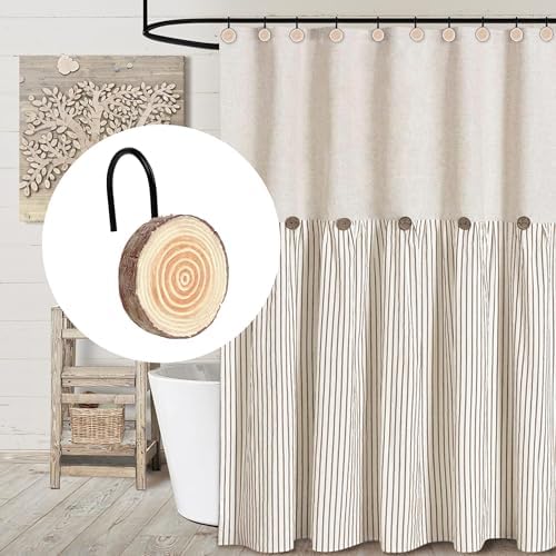 Sunlit Farmhouse Wooden Slices Shower Curtain Hooks, Rustic Home Decorative Shower Curtain Rings with Black Hooks for Bathroom, Resin Shower Curtain Hangers Bathroom Accessories, Set of 12, Brown