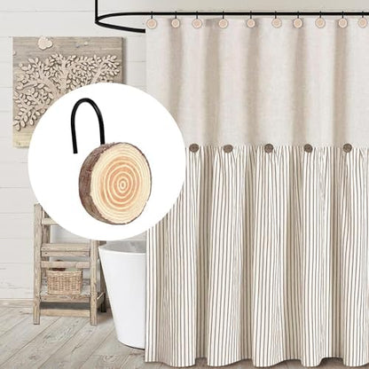 Sunlit Farmhouse Wooden Slices Shower Curtain Hooks, Rustic Home Decorative Shower Curtain Rings with Black Hooks for Bathroom, Resin Shower Curtain Hangers Bathroom Accessories, Set of 12, Brown