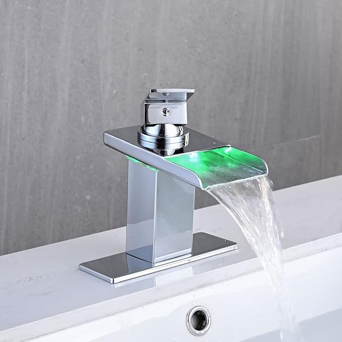 LED Bathroom Sink Faucet, Chrome Waterfall Single Hole Handle Vanity Faucets for Sinks 1 Hole with Metal Pop Up Drain and 2 Water Supply Lines, Stainless Steel Spout