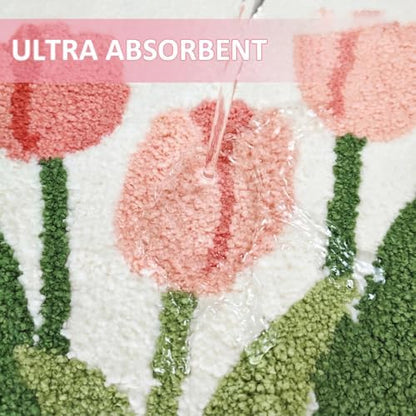 Tulip Flower U-Shaped Toilet Mat, Romantic Floral Non-Slip Bath Rug with Wave Edge Design, Soft Absorbent Microfiber Floor Mat for Toilet Base, Machine Washable Bathroom Decor (U-Shaped Pink)
