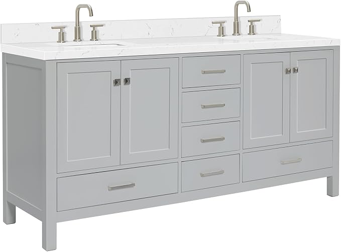 ARIEL Cambridge 72-inch Bathroom Vanity with Sink,Solid Wood, 1.5-inch Carrara White Quartz Countertop, Double Rectangular Porcelain Sink, 4 Soft Closing Doors, 6 Dovetail Drawers, Grey