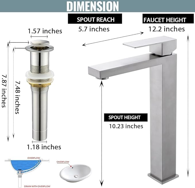 Bathroom Sink Faucet, Brushed Nickel Tall Vessel Sink Faucet, Single Hole Tall Bathroom Faucet Lavatory Vanity Sink Faucet with Pop-up Drain,BF012L