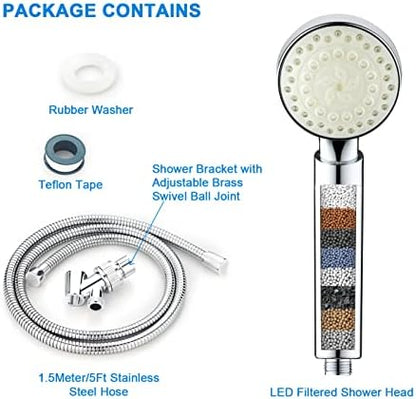 KAIREY Filtered Led Shower Head for Hard Water 7 Color Light Change Automatically Handheld Showerhead Polished Chrome with 60 Inches Stainless Steel Hose and Adjustable Bracket Filter Shower Head