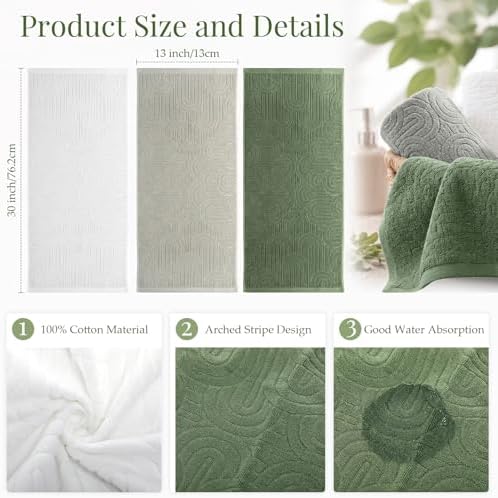 Tiamon 3 Pcs Bathroom Towel Decorative Set 100% Cotton Fluffy Bath Hand Towels for Guest Gifts Farmhouse Kitchen Hand Towels Home(White, Light Green, Dark Green,30 x 13 Inch,Arched Stripe)