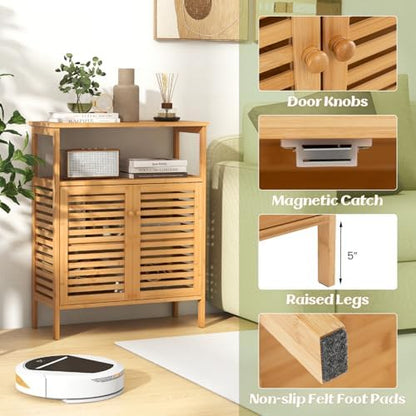 Tangkula Bamboo Floor Cabinet, Bathroom Storage Cabinet with Double Slatted Doors, Open Shelf, Removable Shelf, Storage Organizer for Bathroom Doorway Living Room Kitchen