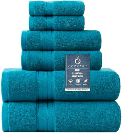 COZYART Luxury Bath Towel Set 6 Pcs Teal/Peacock Blue 100% Turkish Cotton