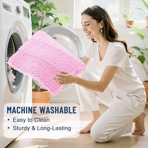 Grandaily Chenille Striped Bathroom Rugs 24x16, Extra Thick and Soft Absorbent Bath Mats, Rubber Backing, Plush Shaggy Shower Carpet, Machine Wash Dry, Bath Rug for Bathroom, Light Pink