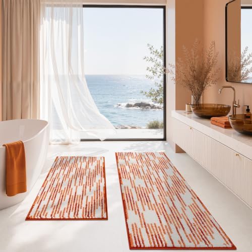 BSICPRO Bathroom Rugs Sets 2 Piece, Fall Bath Mat 20"x47"+20"x32", Orange