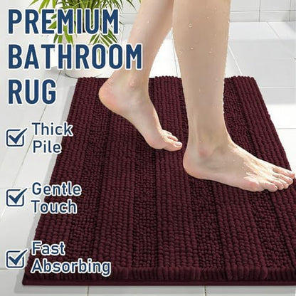Grandaily Chenille Striped Bathroom Rugs 36x24, Extra Thick and Soft Absorbent Bath Mats, Rubber Backing, Plush Shaggy Shower Carpet, Machine Wash Dry, Bath Rug for Bathroom, Black Cherry