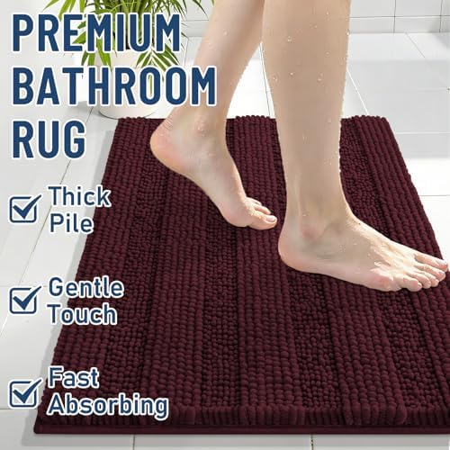 Grandaily Chenille Striped Bathroom Rugs 24x16, Extra Thick and Soft Absorbent Bath Mats, Rubber Backing, Plush Shaggy Shower Carpet, Machine Wash Dry, Bath Rug for Bathroom, Black Cherry