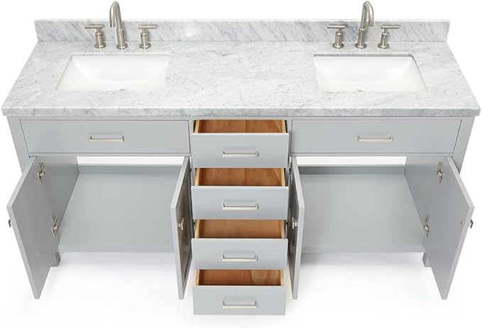 DKB Alenza 72 Inch Bathroom Vanity Double Sink — Grey Bathroom Vanity with Sink, 1.5" Edge Italian Carrara Marble Countertop & Backsplash, 4 Soft-Close Doors, 4 Dovetail Drawers