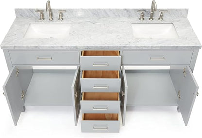 ARIEL Bristol 73" Grey Double Vanity, 1.5" Edge Italian Carrara Marble Countertop & Splash, Rectangular Sinks, 2 Soft Closing Doors, 4 Full Extension Dovetail Drawers, Polished Chrome