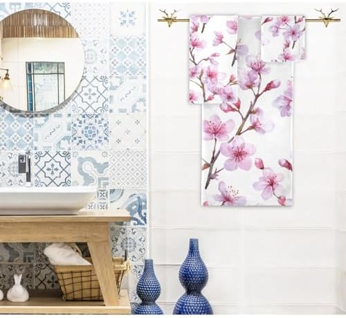 Naanle Romantic Pink Cherry Blossoms Soft Decor 3 Pcs Towels Set, 1 Bath Towel+1 Hand Towel+1 Washcloth, Multipurpose for Bathroom, Hotel, Gym, Spa and Beach