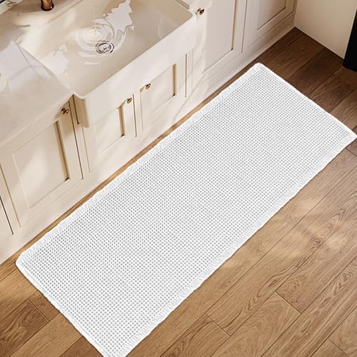 ZALL Waffle Bath Mat White Super Absorbent Non Slip Bathroom Rug 24X60inch,Machine Washable Ultra Soft Floor Mats