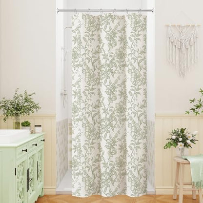 Sage Boho Linen Fabric Shower Curtain , Farmhouse Floral For Bathroom