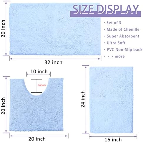 White Bathroom Rugs Chenille Bath Mat Set 3 Piece, Extra Soft, and Absorbent Shaggy Rugs, Machine Wash and Dry, Perfect Plush Carpet Mats for Tub, Shower, Bathroom Rug Mats
